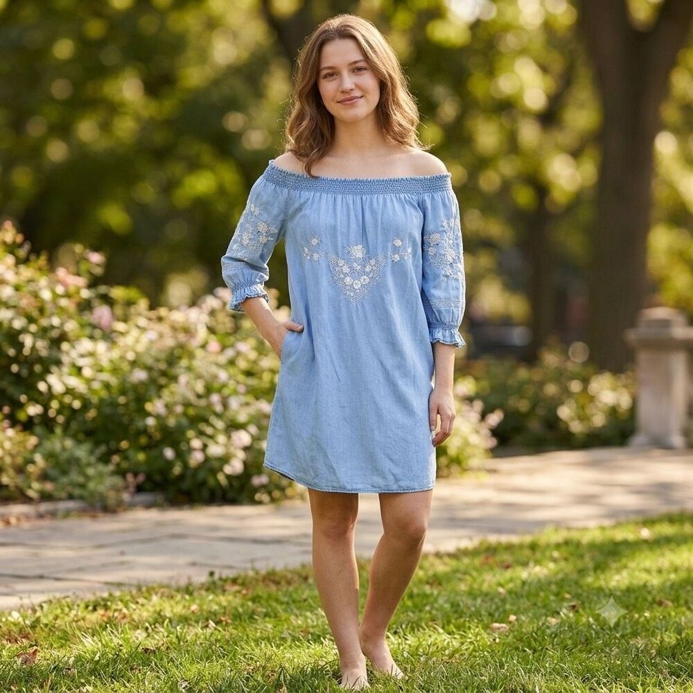 Esqualo size 4 chambray embroidered puff sleeves dress.